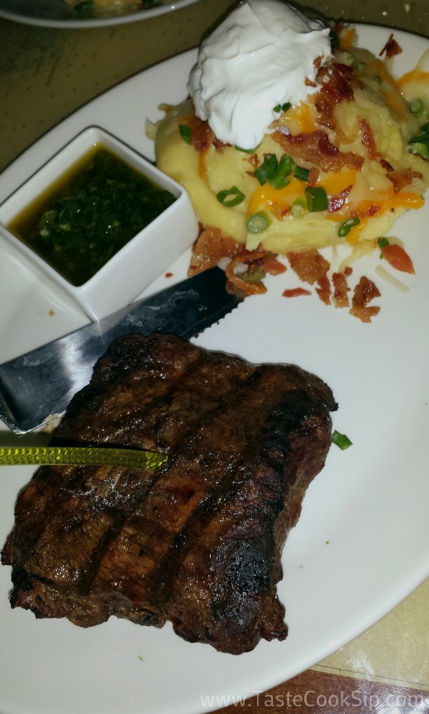 Chimichurri Flat Iron Steak with chinichurri and loaded mashed potatoes