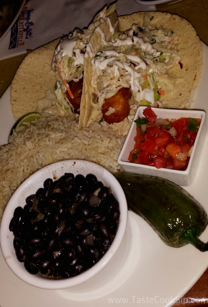 Fish Tacos, with black beans, rice and pico de gallo