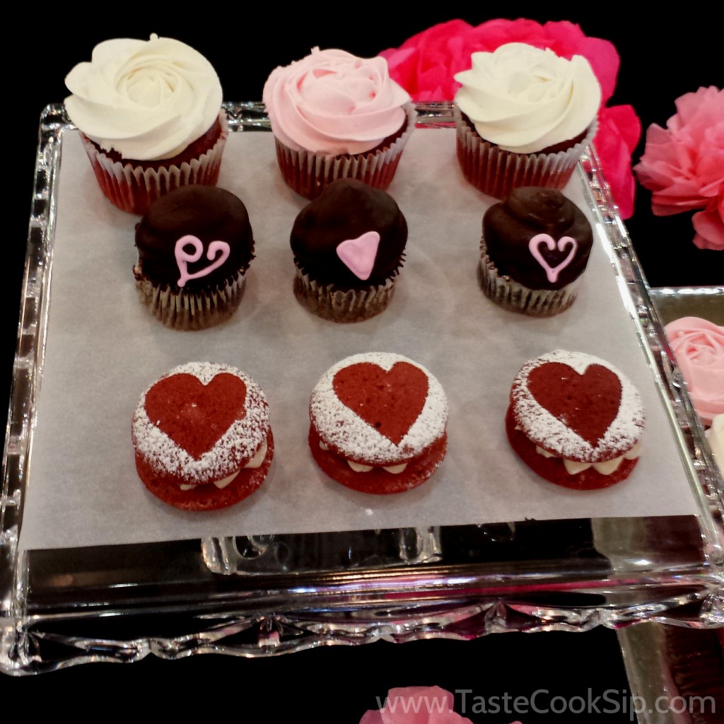 Exquisitely decorated sweets. Cream Cheese Buttercream rose decorated Red Velvet cupcakes, Hi Hat cupcakes and Red Velvet Whoopie Pies with Brown Butter Buttercream.