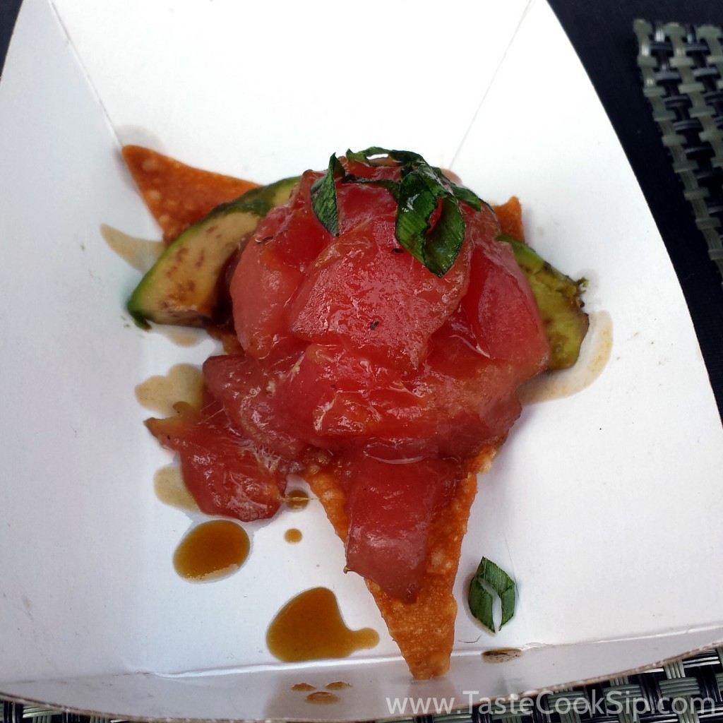 The Ahi Tuna was a substantial portion of chilled Ahi dressed in Teriyaki sauce with an avocado slice on top of a crisp wonton. 2 tickets, $4.