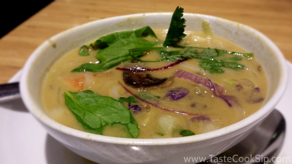 Thai Curry soup, 30 ingredients are used to make this spicy, vegetarian friendly soup.