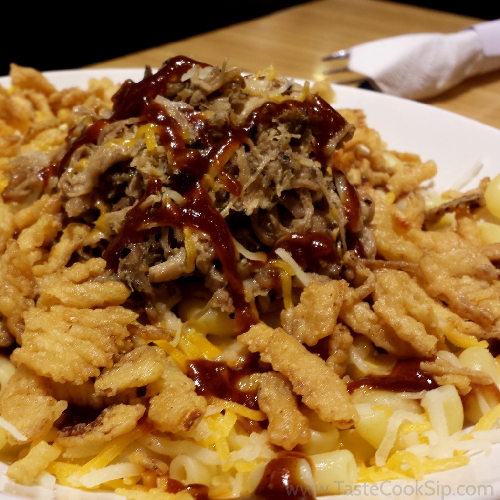Barbecue Pork Mac. This Featured dish is available for a limited time. Mac & cheese topped with braised pork, barbecue sauce and crunchy onions