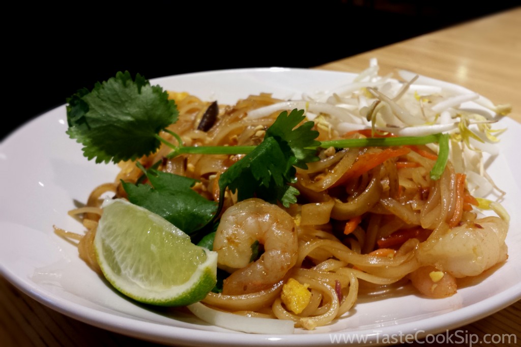 Pad Thai. Sauteed rice noodles stir fried with scrambled egg, carrots, cabbage. sweet chili. citrus ad peanuts, Asian sprouts and cilantro.