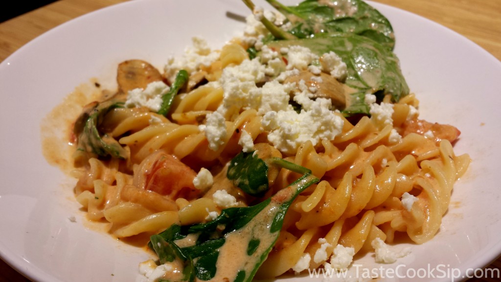 Gluten Free fusilli made with the ingredients for the Penne Rosa (sans penne) and topped with feta instead of parmesan for a completely Gluten Free option.