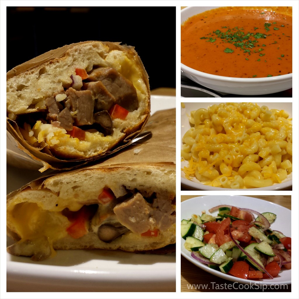 Wisconsin Cheesesteak, side portions (small) of Tomato Basil Bisque, Wisconsin Mac & Cheese and the Cucumber Tomato Salad.