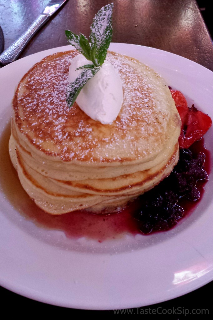 Pancakes Diaspora - Homemade pancakes with creme fraiche, maple syrup and mixed berry compote.