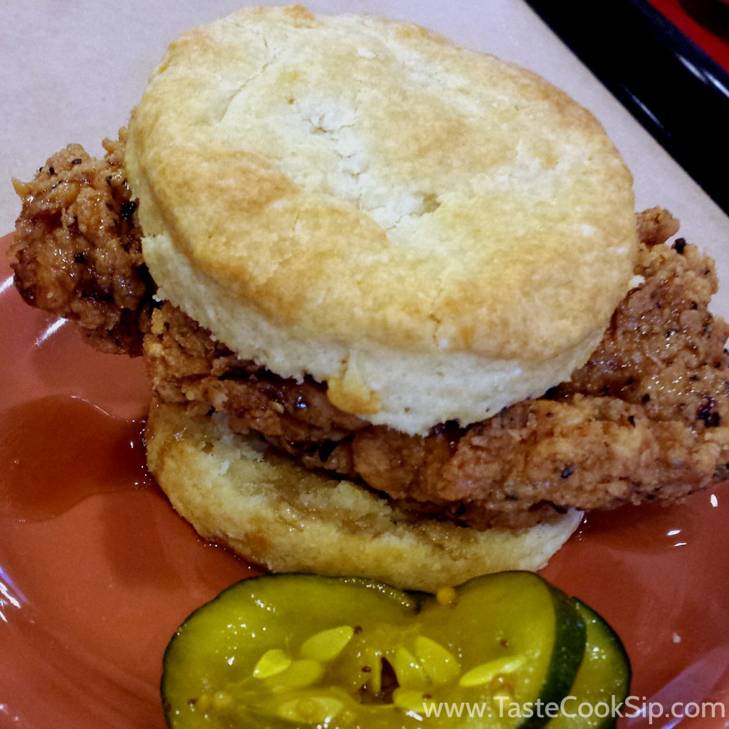 Chicken N' Biscuits, with Maple Bourbon Glaze and house pickles.