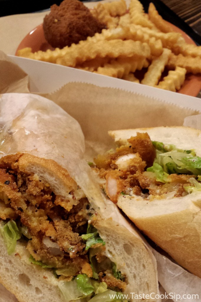 The Fried Green Tomato Po Boy, with Fried Green Tomatoes, fried shrimp and oysters. 