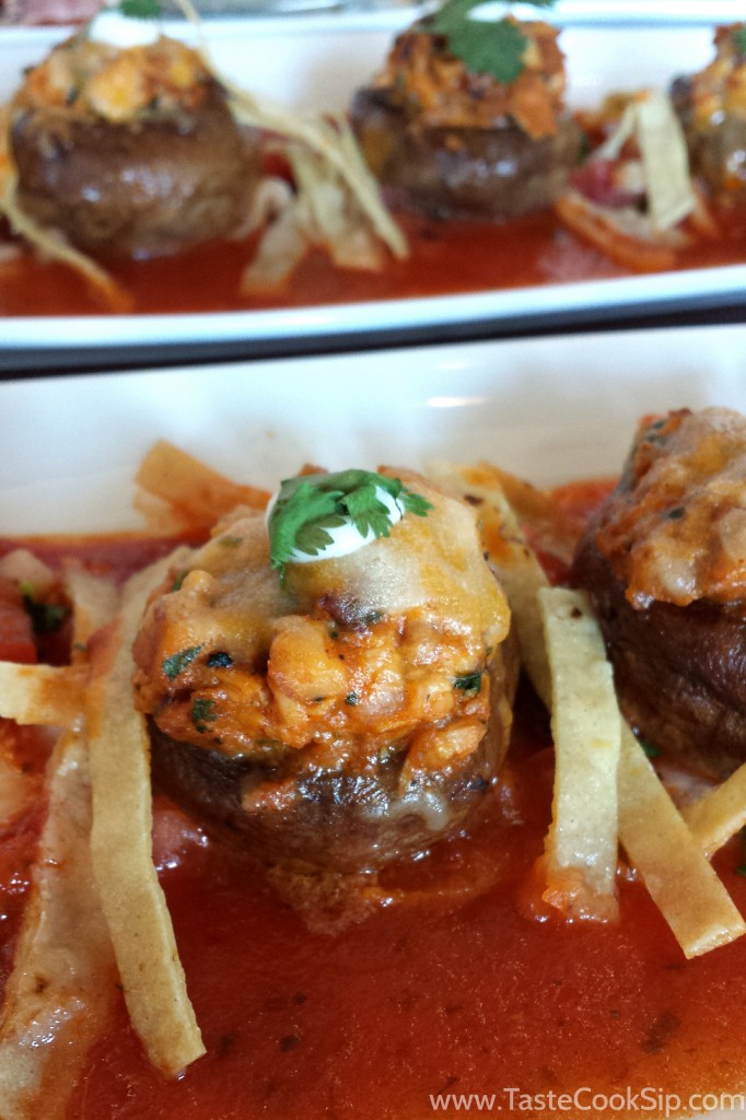 Chicken Al Pastor Stuffed Mushrooms ($9.99) Chicken Chorizo, Pepperjack Cheese, Cilantro, Crispy Tortilla Strips and a Chipotle Tomato Sauce.