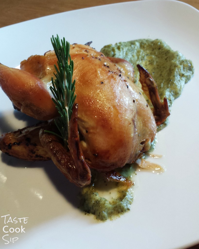 Cornish Game Hen stuffed with herbs and roasted lemons, with roasted fingerling potatoes over a spinach & parsnip puree.