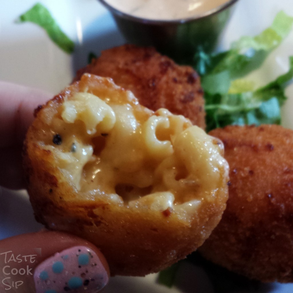 Mac N Cheese Balls. Cheesy and rich, with a hint of bacony goodness.