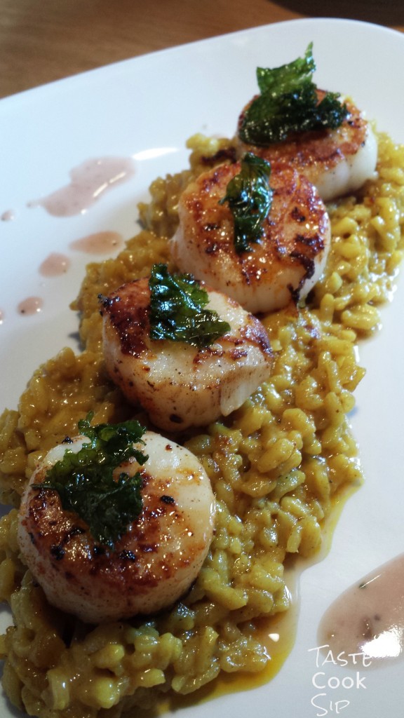 Seared Jumbo Sea Scallops with fried kale, over yellow curry risotto, with Lemon Burre Blanc. Paired with Leese Fitch Pinot Noir, second course of fixed price menu.