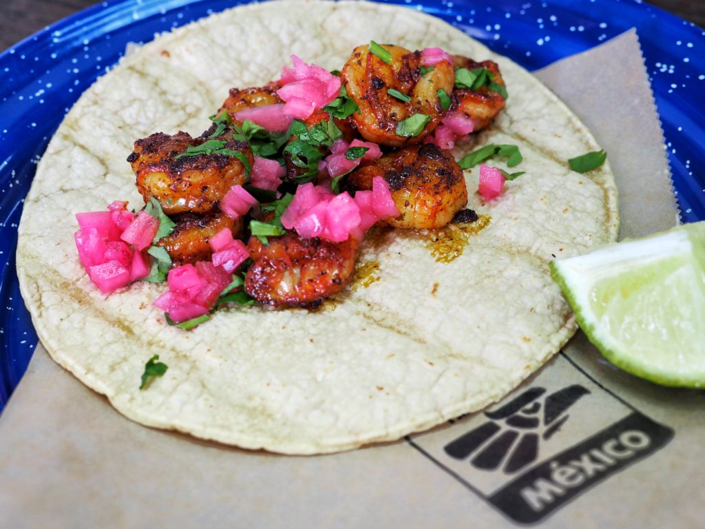 Shrimp Tikin Xic Taco- Achiote Bitter orange shrimp with pickled onion