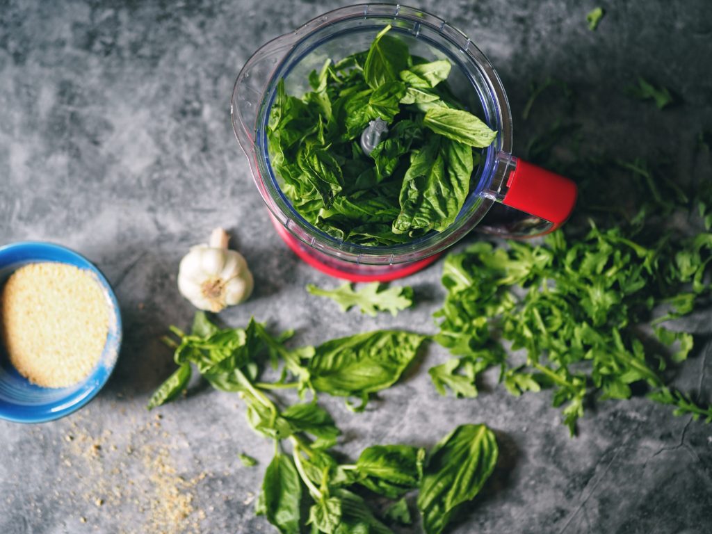 My Ninja Storm made quick work of whirring up a batch of pesto. Store bought pesto, a handful of arugula and basil. 